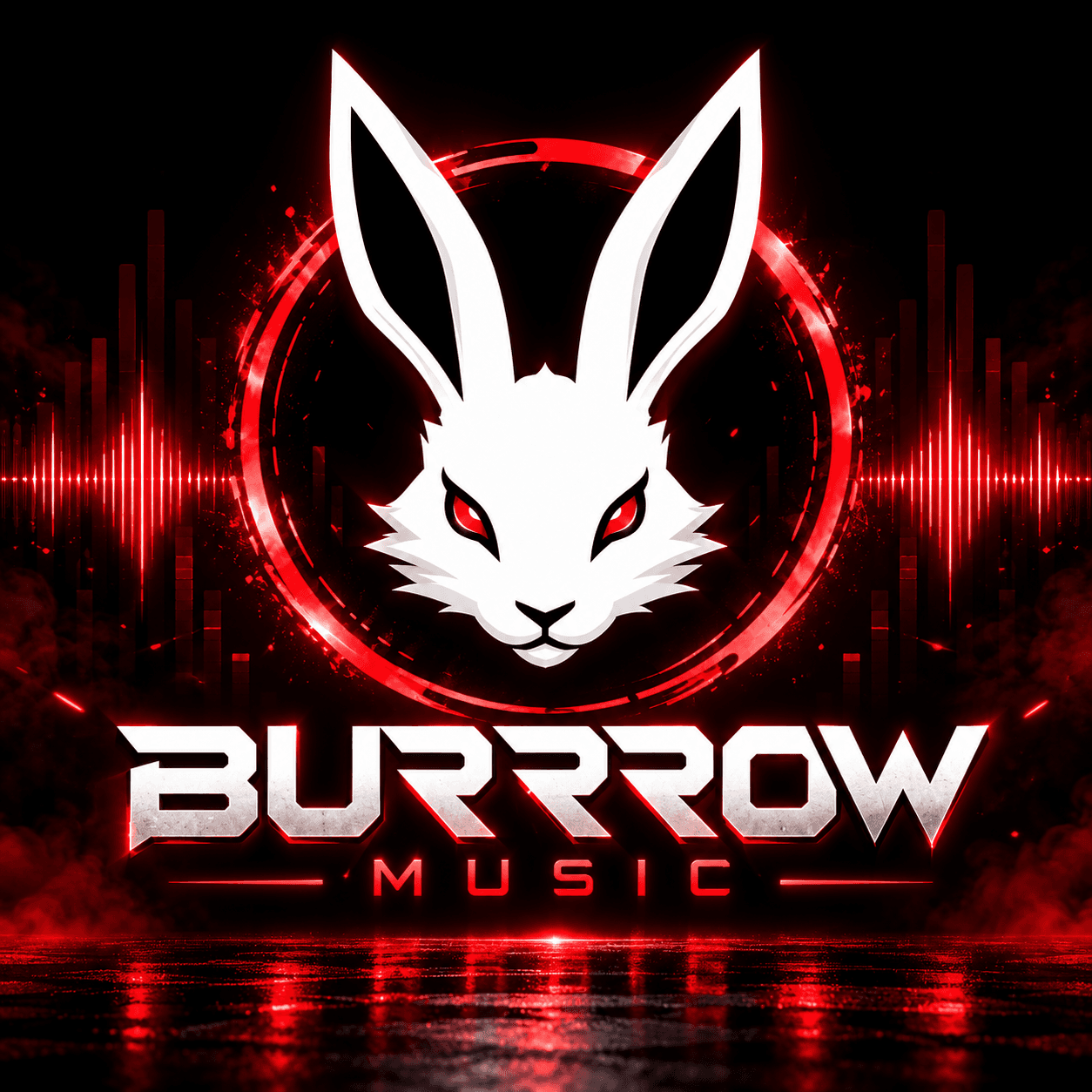 White BURRROW rabbit emblem and wordmark above red audio waveforms and stage lights.