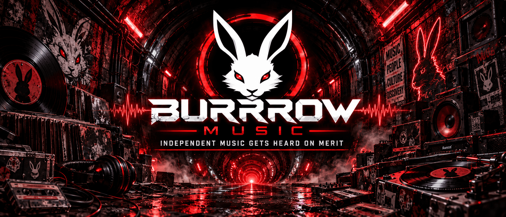 Red-lit music studio artwork with BURRROW MUSIC lettering, a white rabbit emblem, records, speakers, and audio equipment.